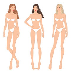 Fashion models posing, vector illustration. Women's body templates. Nine-head fashion female colored croquis with face and hairstyle, vector set.