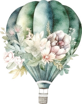 Hot Air Balloon decorated with flowers illustration created with Generative AI technology