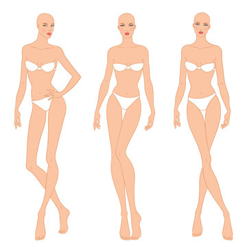 Fashion models posing, vector illustration. Women's body templates. Nine-head fashion female colored croquis, vector set.