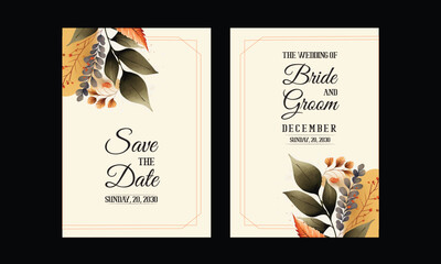 Orange watercolor wedding invitation card template line decoration. Abstract background save the date, Bride and groom invitation, greeting card