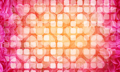 abstract blur heart stacked on gradient rounded rectangle on blur pink and orange roses background, banner, template, card, pattern, object, nature, fashion, copy space