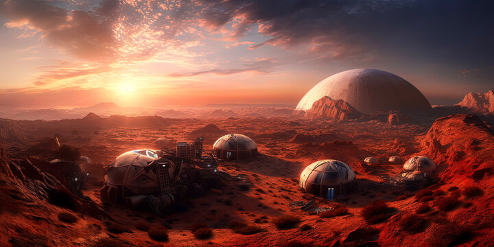 Futuristic space tourism and science featuring a Martian luxury colony retreat with private Martian exploration tours. Red Planet landscape (generative AI)