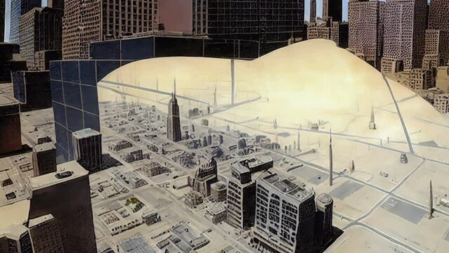 Generative Ai animation of abstract skyline buildings painting. Cubist digital image manipulation of a post apocalyptic destroyed cityscape