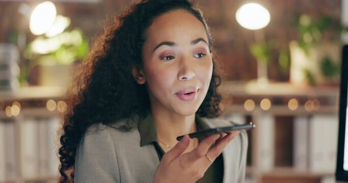 Office, speaker phone and networking, woman on smartphone at desk talking with smile. Happy businesswoman, virtual meeting and conversation with technology, communication and consulting on sales deal