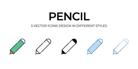 Pencil Icon Design in Five style with Editable Stroke. Line, Solid, Flat Line, Duo Tone Color, and Color Gradient Line. Suitable for Web Page, Mobile App, UI, UX and GUI design.