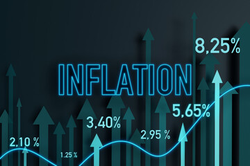 Fototapeta premium Inflation moving up. Information sign about rising inflation. Percentage signs and arrows. Business, deprssion era and economy concept.