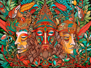 Estampas Psicodélicas Inspiradas na Ayahuasca com Cores Vibrantes e Desenhos Místicos, Perfeitas para Estimular a Imaginação em Design Gráfico, Decoração de Ambientes, criado por IA generativa