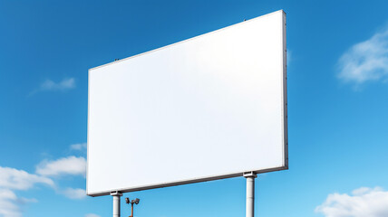 Blank white outdoor billboard on blue sky background with clipping path signboard, outdoor board mockup, billboard mock up for advertisement, adds presentation for companies, shops. Generative ai.