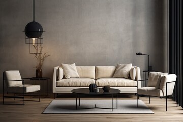 cozy living room with comfortable furniture and warm lighting. Generative AI