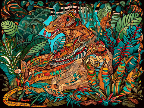 Estampas Psicod&eacute;licas Inspiradas na Ayahuasca com Cores Vibrantes e Desenhos M&iacute;sticos, Perfeitas para Estimular a Imagina&ccedil;&atilde;o em Design Gr&aacute;fico, Decora&ccedil;&atilde;o de Ambientes, criado por IA generativa
