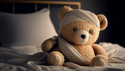 Teddy bear laying in bed and feeling sick. Generative AI - 588088086
