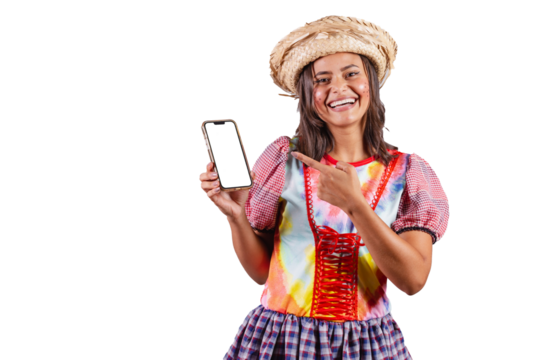 Brazilian woman wearing country clothes, São João party, Junina party. With smartphone showing white screen in chroma