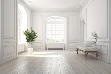 Minimalist White Room with Bench and Potted Plant. Generative AI