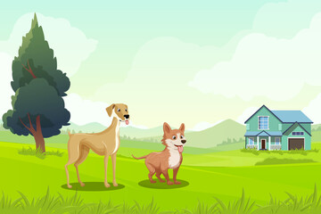 cute dog playing in the mountains. Nature cute illustration vector.