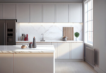 minimal design kitchen with cabinet, cupboard with white square tile splashback wall for cooking, AI Generated