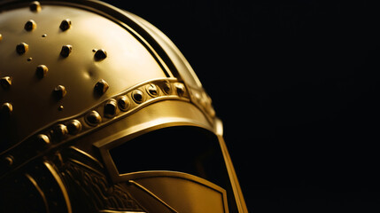 Roman helmet made of gold with beautiful ornaments on a black background. Generative ai
