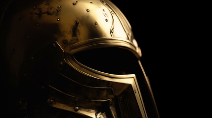 Roman helmet made of gold with beautiful ornaments on a black background. Generative ai