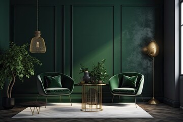 cozy green sitting room with two chairs and a table. Generative AI