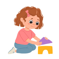 Cartoon happy girl playing with blocks and smiling. Cute vector illustration isolated on white background.