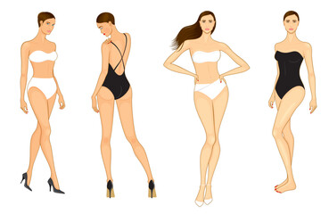 Fashion vector illustration of outline, posing young girls in swimwear and in bikini, vector set, isolated, on white background.