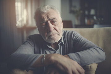 Fototapeta premium Senior grandfather sitting in the living room on the sofa couch, feeling nostalgic, pain, missing his grandchildren, bankruptcy, and fraud at home. Generative AI