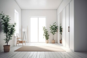 minimalistic room with a door, a chair, and a potted plant. Generative AI