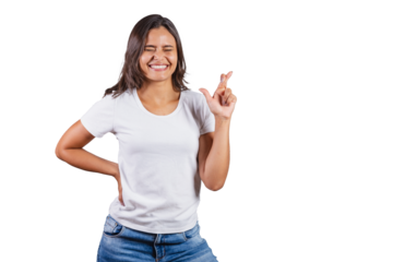 beautiful brazilian woman. denim and white. fingers crossed, hoping, wanting, wanting so much.