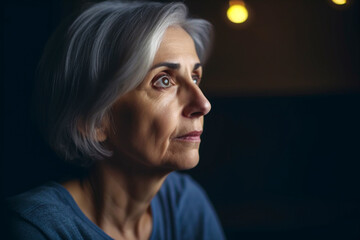 Fototapeta premium The melancholic old mature woman suffers from sorrow grief thinking of problems while sitting at home alone, pensive and thoughtful in her middle age. Generative AI