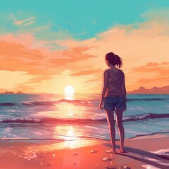 Young woman at the beach looking at the ocean waves and setting sun digital art style illustration painting (ai)