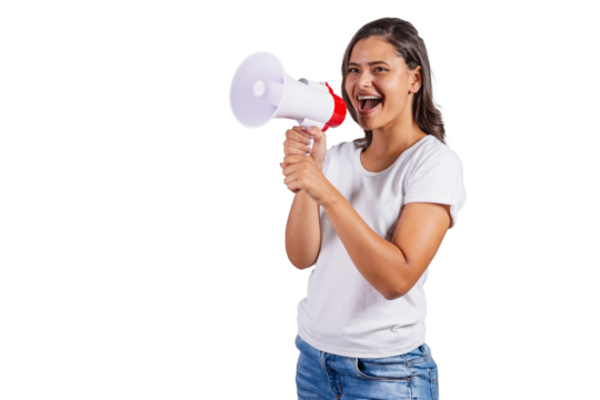 Brazilian woman with megaphone announcing advertisement, promotion, marketing