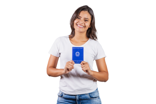 Brazilian woman, holding workbook and smart phone, Brazilian document for form work, human resources. - Powered by Adobe