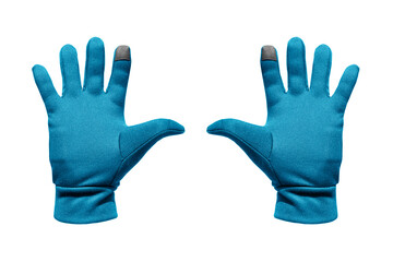 Obraz premium Casual blue volumetric gloves isolated on white background. Blue winter warm wool gloves isolated on white.