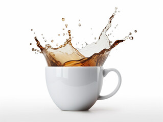 Pouring and splash coffee in white cup on isolated white background with clipping path. Splashing cup of coffee. Generative AI.