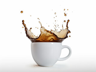 Pouring and splash coffee in white cup on isolated white background with clipping path. Splashing cup of coffee. Generative AI.