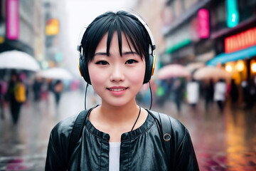 Portrait of a beautiful girl in headphones, rainy city street as a background. Generative AI.