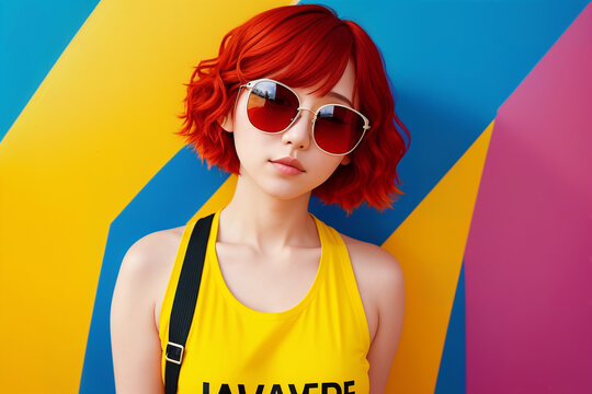 Portrait of an young asian woman with red hair and sunglasses on abstract painted background, summer vibrancy. Generative AI.