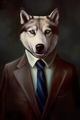 Painterly portrait of an Alaskan Husky Dog wearing a suit with an open collar, AI generated