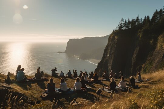 A group of people doing yoga on a scenic cliff with a panoramic view of a vast ocean and distant mountains Generative AI