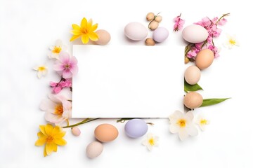 Naklejka na ściany i meble Blank papert with easter composition, easter eggs with flower, white background, spring holiday copy invitation
