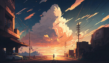 Anime Sunset in the streets, Generative AI