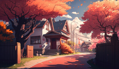Anime Wallpaper of a house in fall, Generative AI