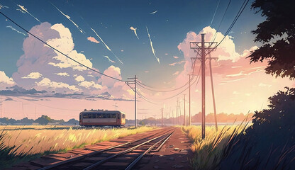 Anime railway in the sunset, Generative AI