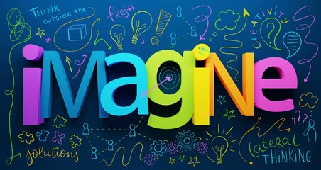 3D render of IMAGINE typography with handdrawn motifs