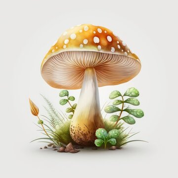 Watercolour mushroom. Forest mushroom watercolor art. illustration on white background.  Brown mushroom. Generative AI.
