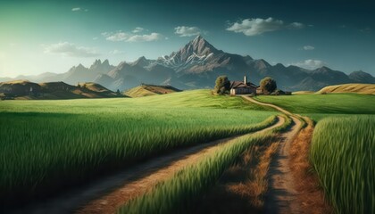 Mountain village with path through grass field . Wallpaper background. Generative AI.