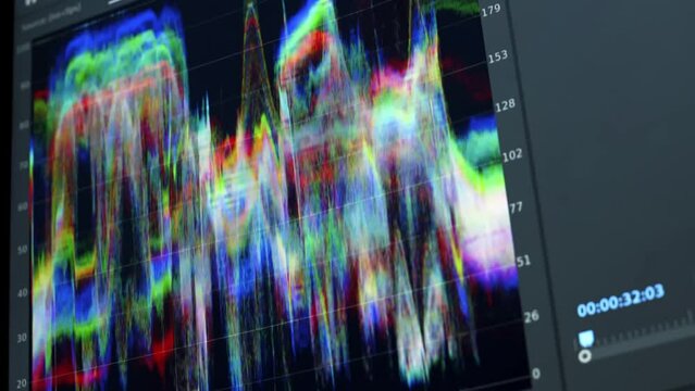 Color grading. RGB colour correction graphic bar on monitor. Color grading indicator meter on screen. Post production process