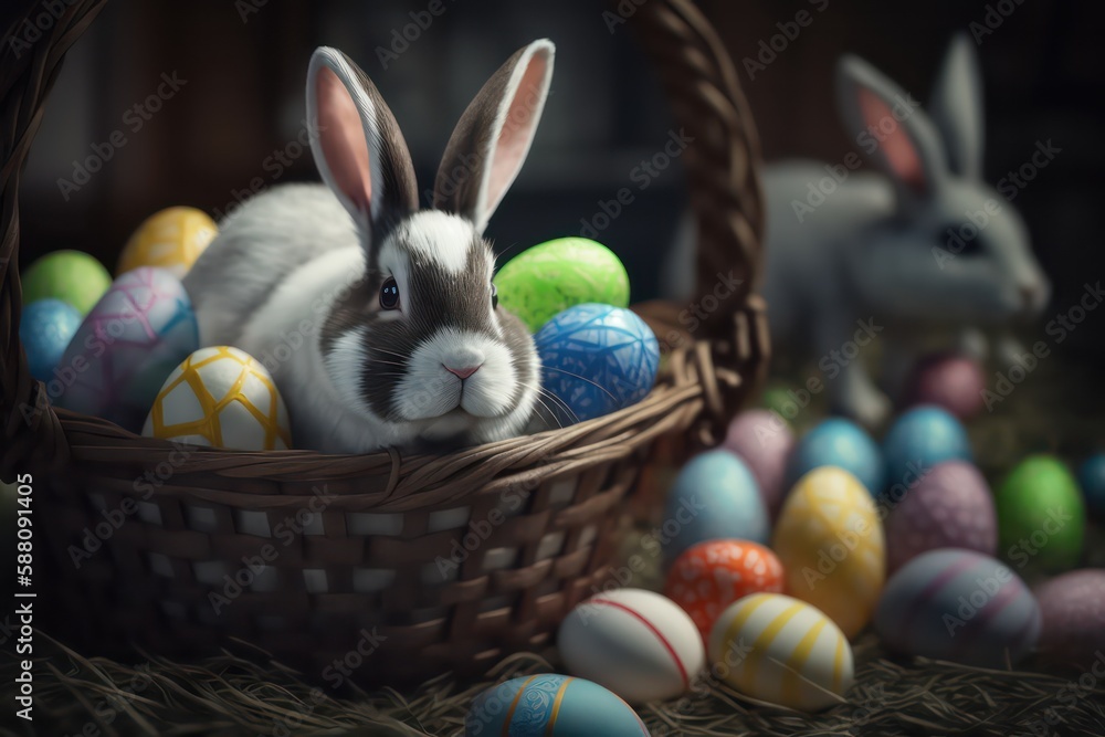 Wall mural Colourful of easter egg in basket with cute bunny rabbit. Festival of easter. Rabbit in basket with blur effect wallpaper background. Generative AI.