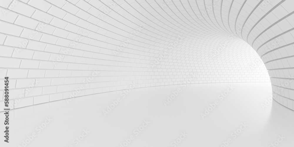 Poster white empty abstract tunnel or corridor background with brick walls, lit from back