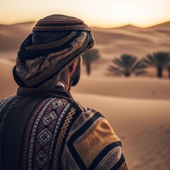 Arab man looking at the desert. Rich man,Arab person. Generative AI. - obrazy, fototapety, plakaty