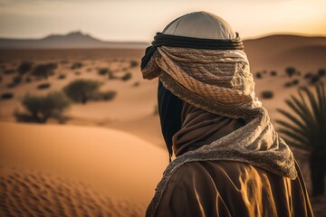 Arab man looking at the desert. Rich man,Arab person. Generative AI.